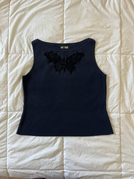 Upcycled Lace Butterfly Blue Tank (M/L)