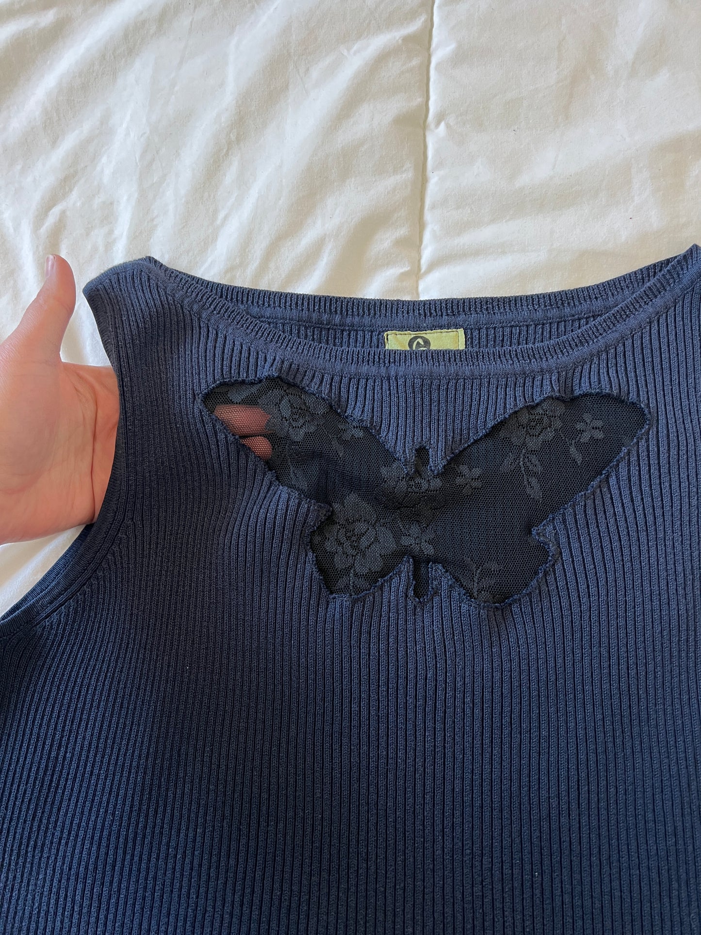 Upcycled Lace Butterfly Blue Tank (M/L)