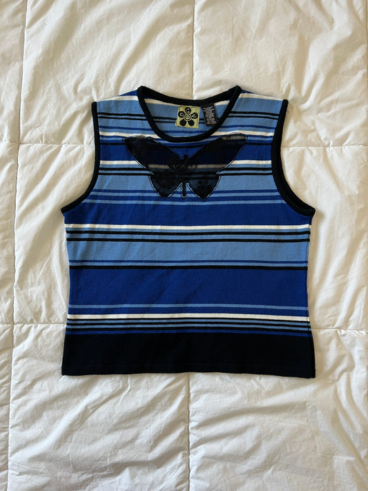Upcycled Lace Butterfly Blue Striped Tank (M)