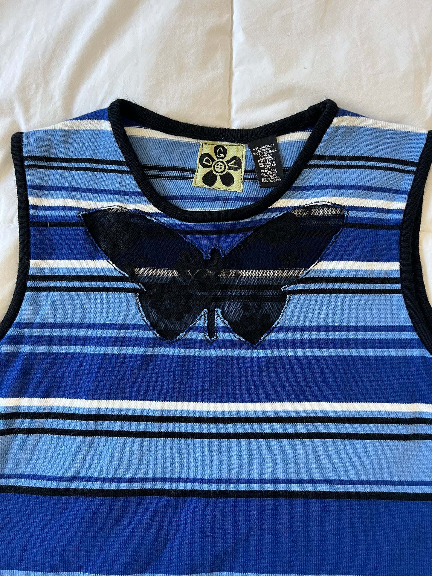 Upcycled Lace Butterfly Blue Striped Tank (M)