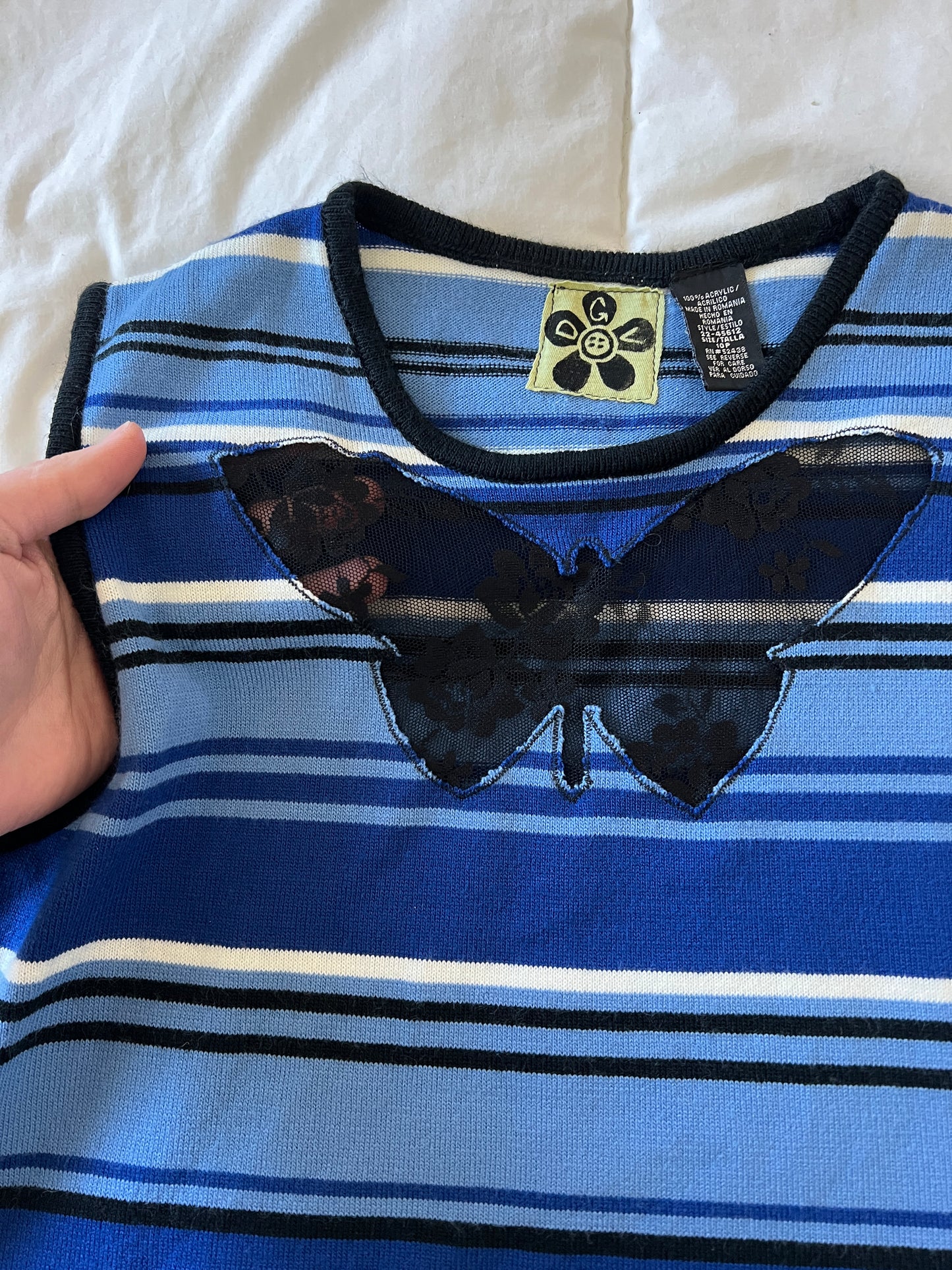 Upcycled Lace Butterfly Blue Striped Tank (M)