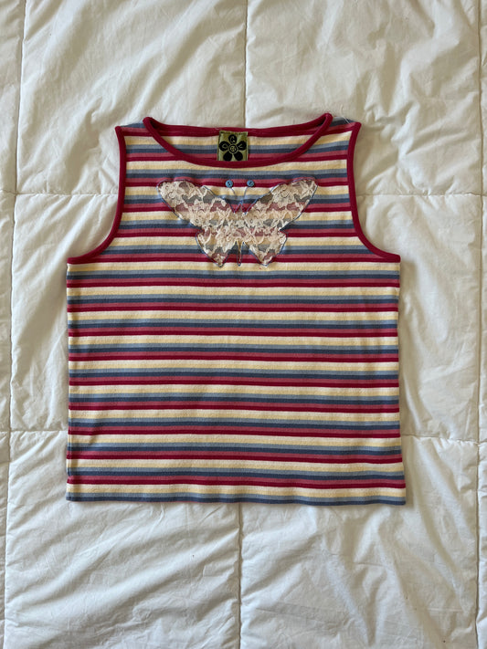 Upcycled Lace Butterfly Pink Striped Tank (M)