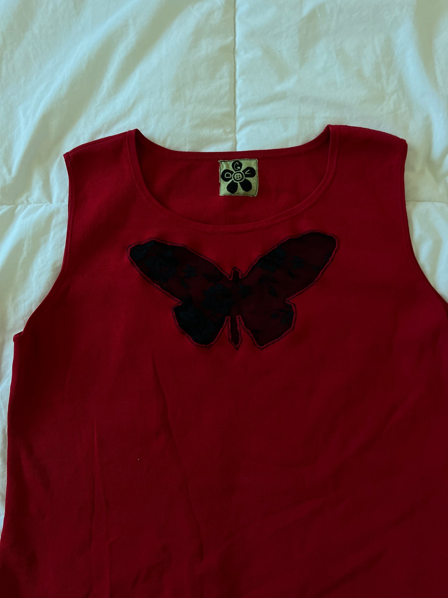 Upcycled Lace Butterfly Red Tank (L/XL)