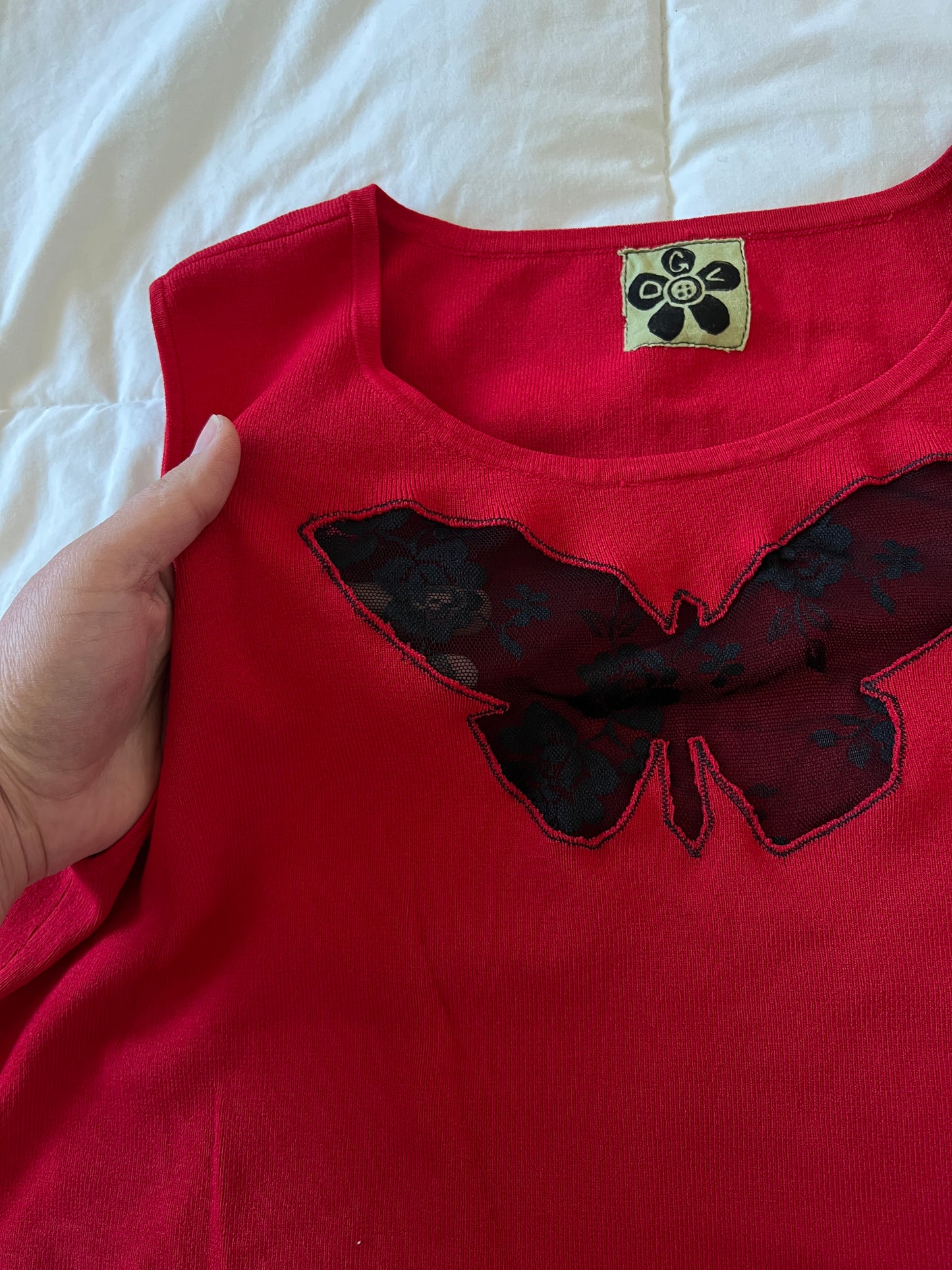 Upcycled Lace Butterfly Red Tank (L/XL)