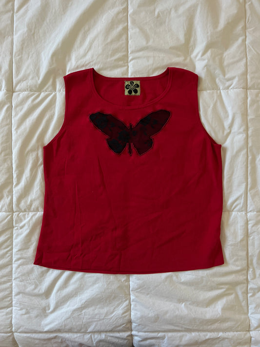 Upcycled Lace Butterfly Red Tank (L/XL)