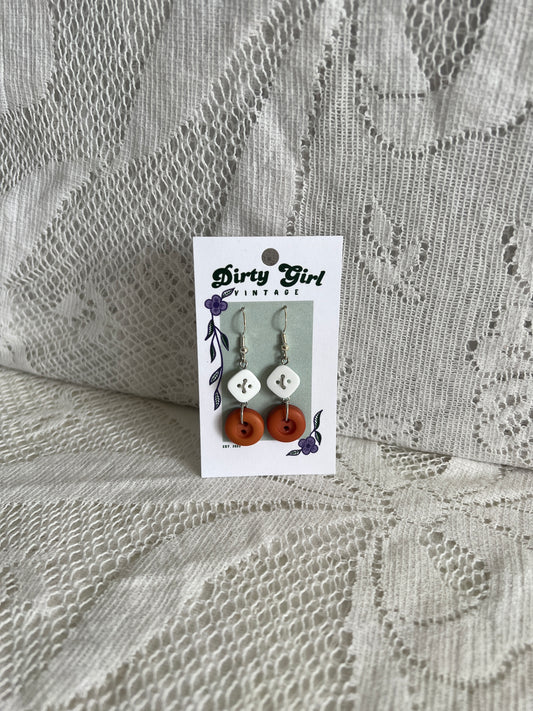 White + Burnt Orange Button Earrings