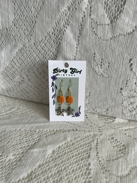 Orange Starfish Button Earrings