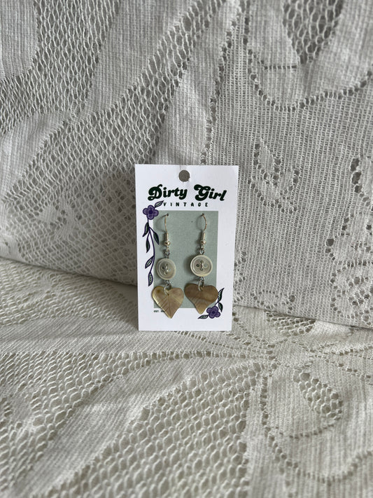 White Button with Shell Leaf Earrings
