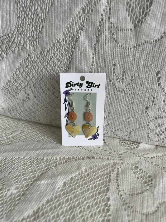 Orange Button with Shell Leaf Earrings