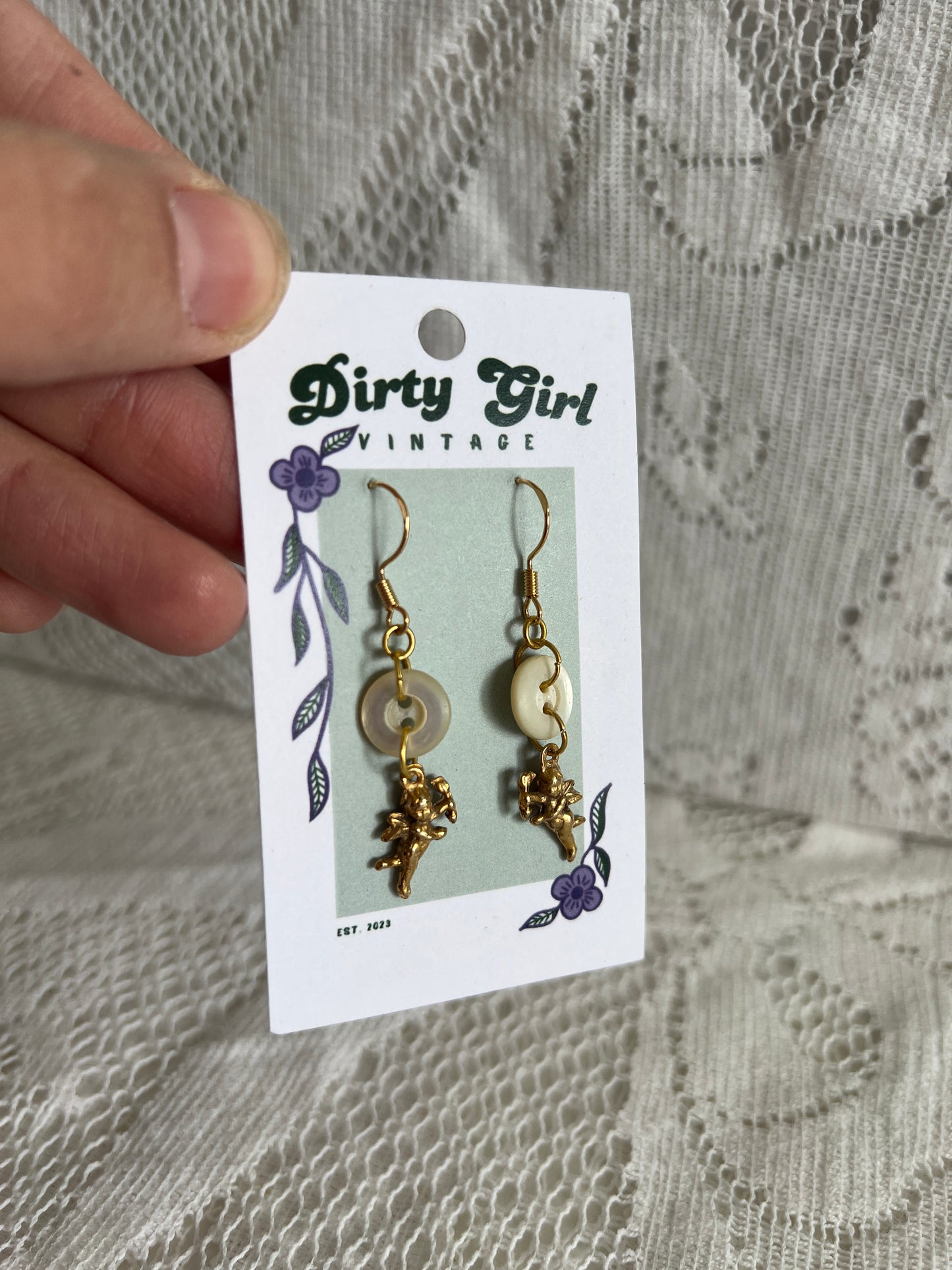 Ivory Button Angel Earrings
