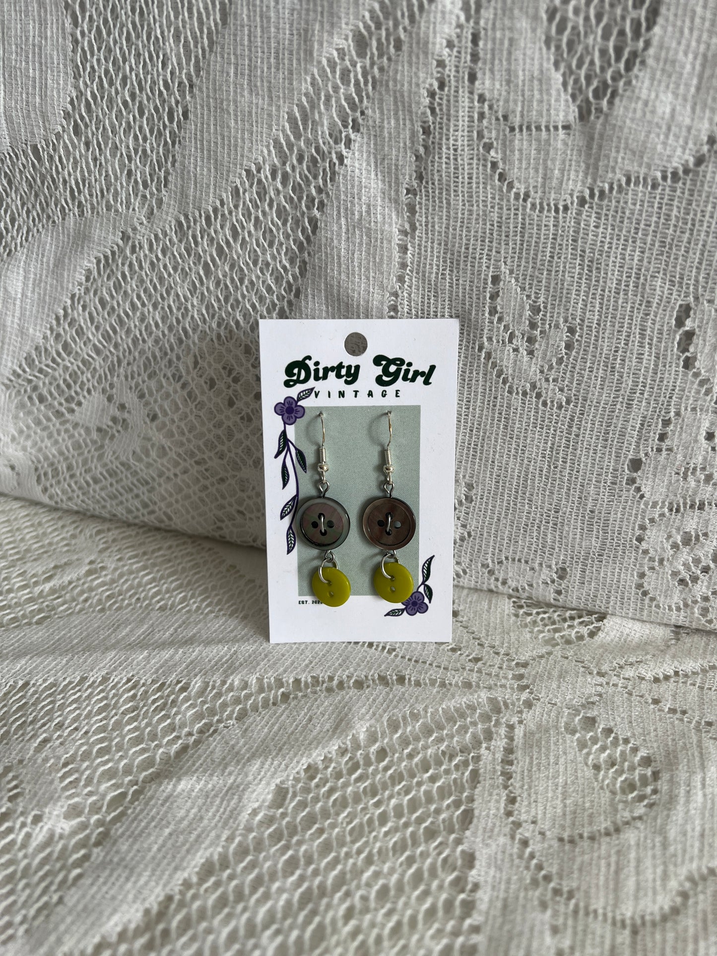 Purple and Green Button Earrings