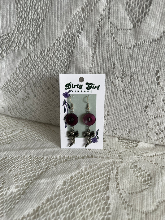 Purple Button Angel Earrings
