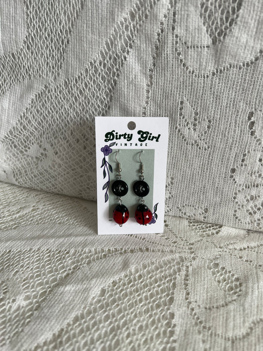 Black Button + Glass Ladybug Earrings