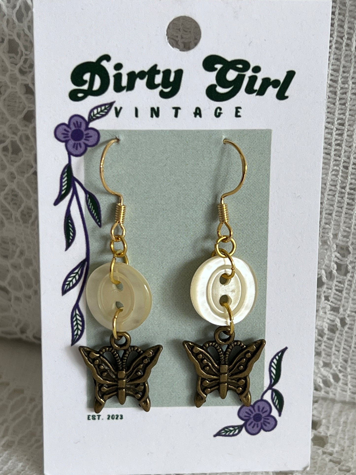 Ivory Button Butterfly Earrings
