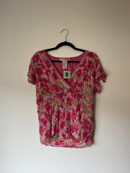 Y2k Pink and Green Floral Top (xl)